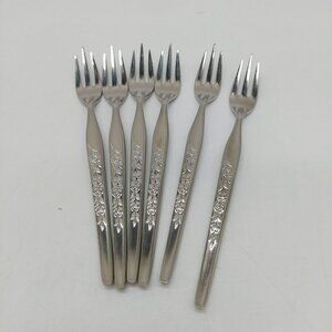 Cosmos Flatware Seafood Cocktail Fork 6" Floral Made In Japan Stainless Lot Of 6